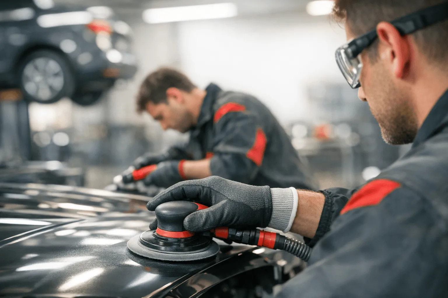 Gloved technician sanding a car panel in a clean, professional auto body shop