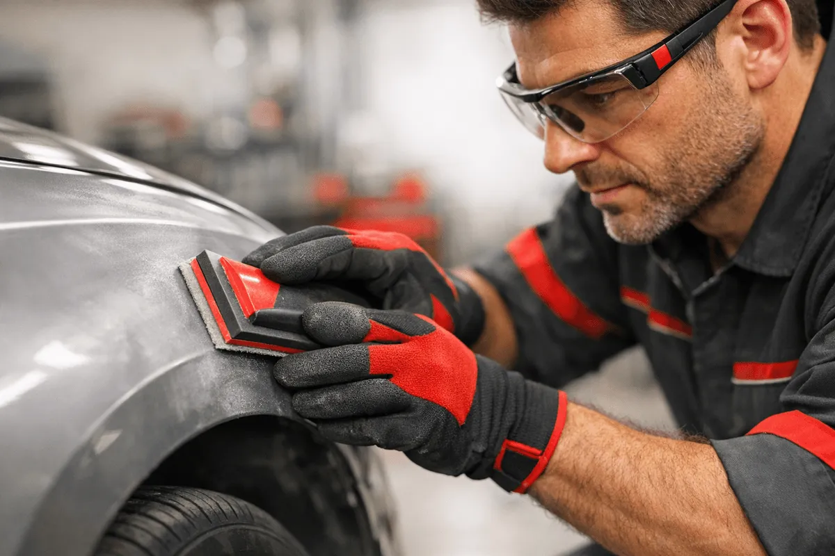 Close-up of gloved hands sanding a car fender in a well-lit auto body garage