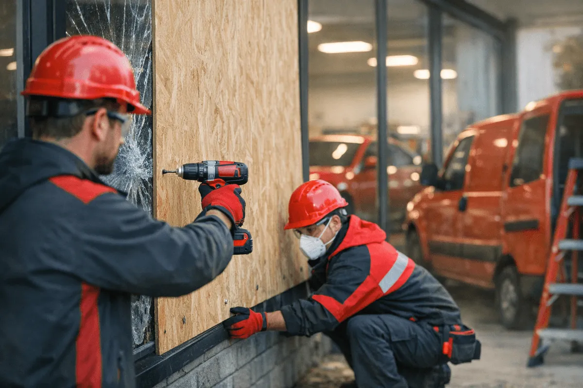Emergency Board-up service by Route 6 Auto Body