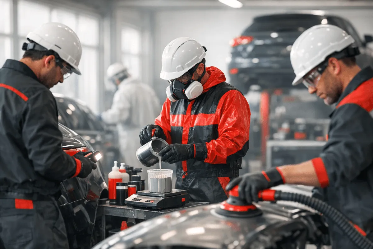 Close-up of gloved hands sanding a car fender in a well-lit auto body garage